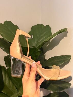 Nude Clear Strap Block Heel Sandals